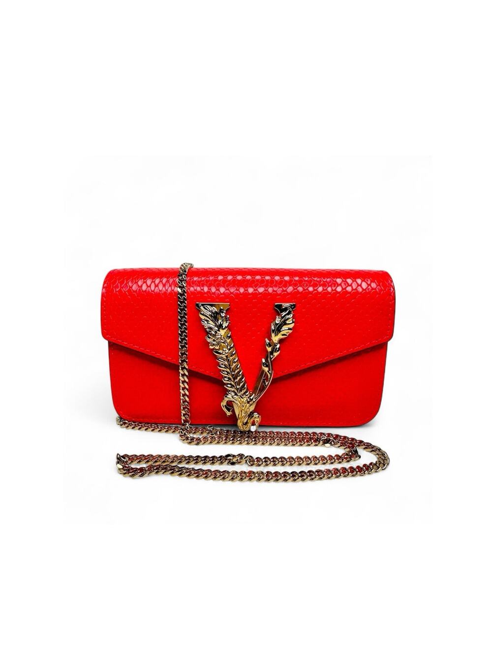 NWT Versace Virtus Gold Engraved Coral Red Leather Mini Evening Crossbody Bag